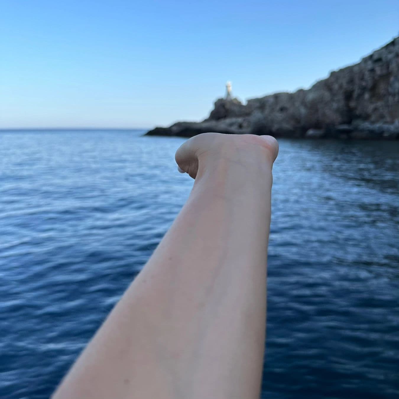 Guest pointing from the boat towards a lighthouse on the rocky coast
